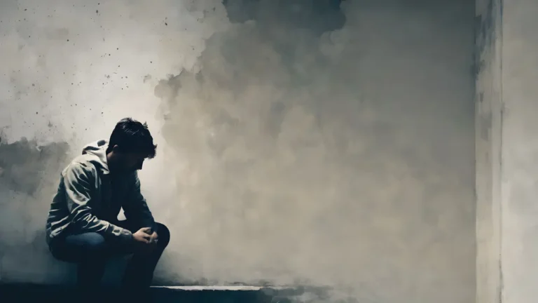 Illustration d'un homme en dépression, assis les main dans les genous, la tête basse