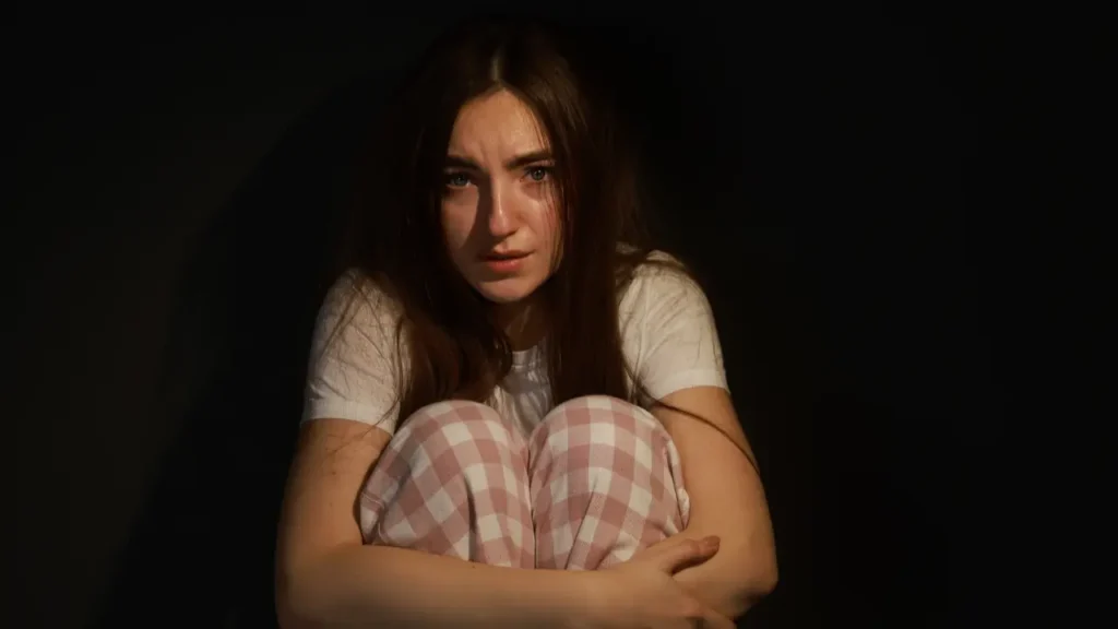 Femme assise dans le noir tenant ses jambes faisant face à une phobie