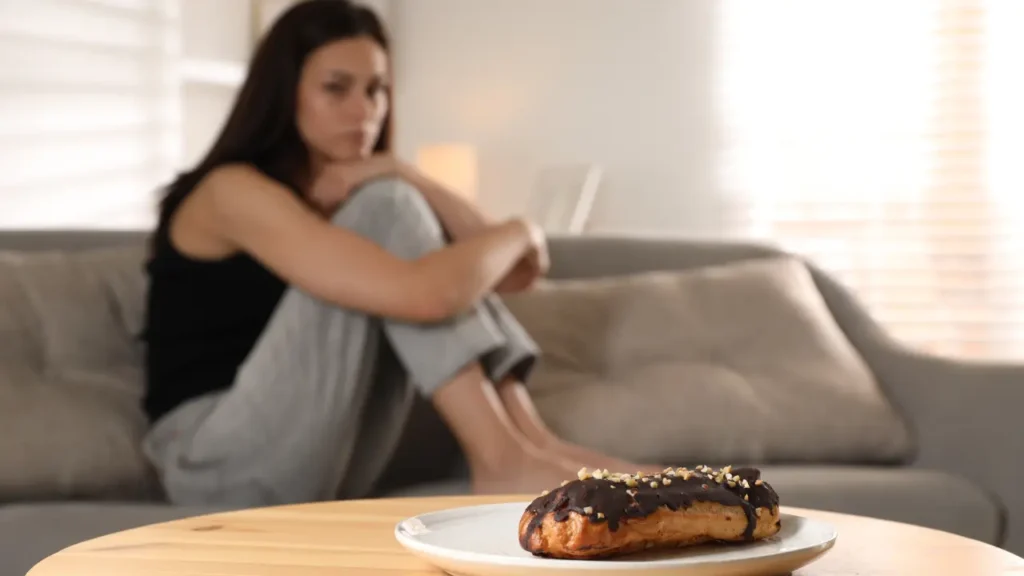 Photo d'une femme ayant des troubles alimentaires assise sur un canapé en second plan avec au premier plan un éclair au chocolat
