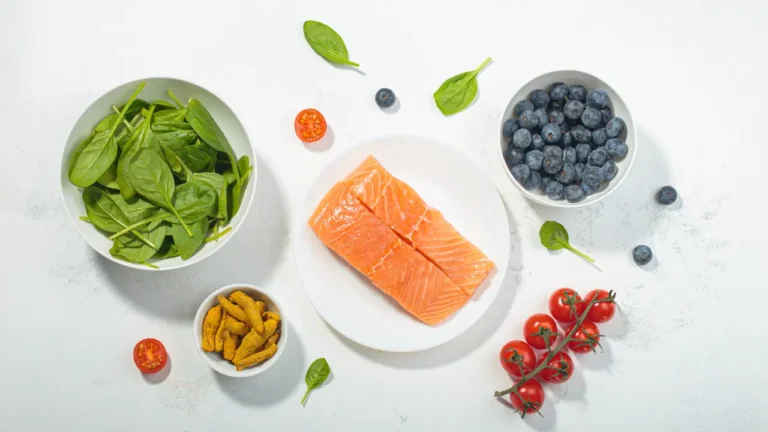 Aliments du régime anti-inflammatoire : filet de saumon, épinards frais, myrtilles, tomates cerises et curcuma, illustrant les aliments clés et menus anti-inflammatoires en 2026.